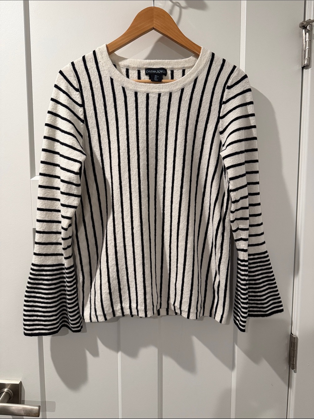 Cynthia Rowley Black & White Striped Crewneck Sweater Bell Sleeves